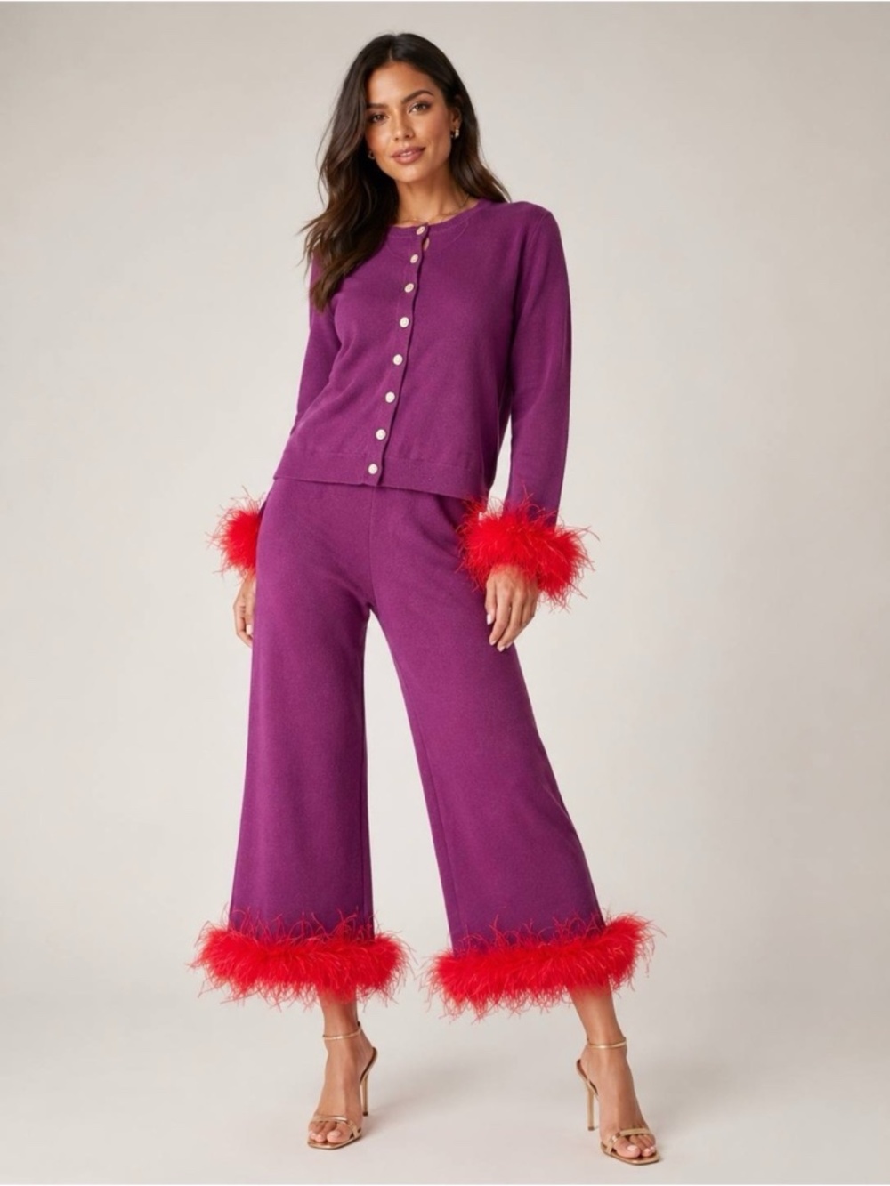 Antonio Melani Women's Cardigan Pants Set Purple Feather Trim Size XS NWT